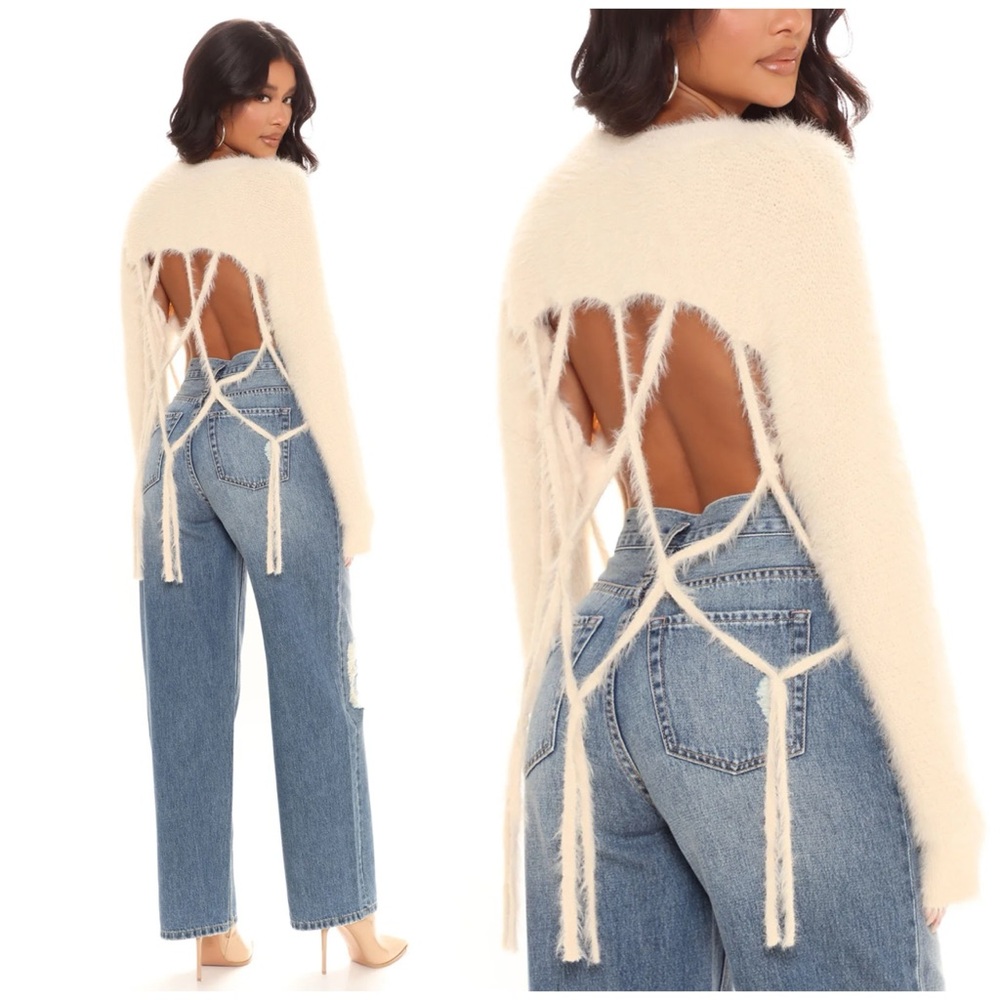 Fashion Nova Cream Fuzzy Knit Open Back Fringe Tie Sweater Women’s XL Cozy Soft
